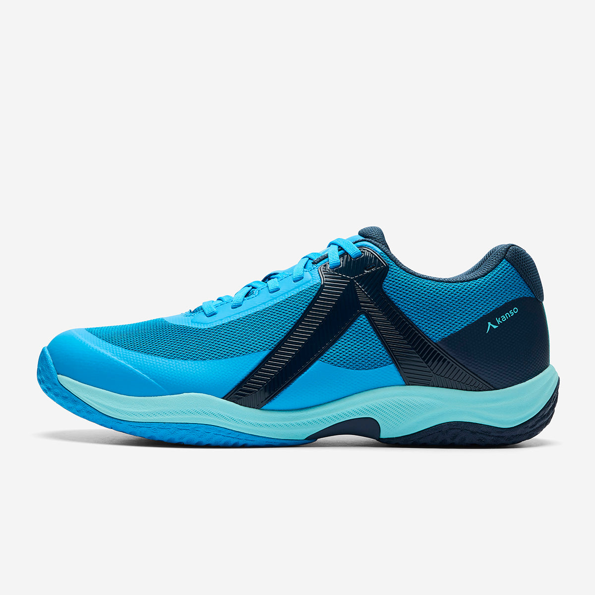 Blue athletic shoe with black accents on a light gray background