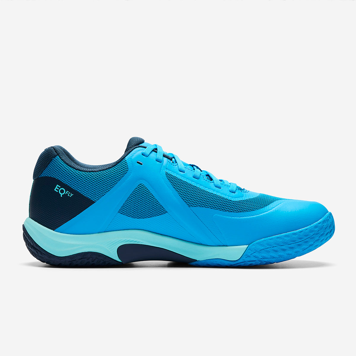 Blue athletic shoe with a white background